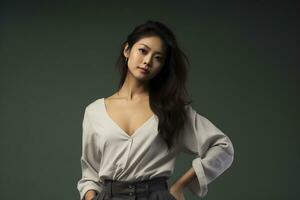 asiatisch Modell- im beiläufig Kleider posieren im einfach solide Studio Hintergrund ai generativ foto