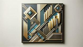 Kunst Deko Mauer Kunst Stück, charakterisiert durch Fett gedruckt geometrisch Formen, metallisch beendet, und Farben mögen Schwarz, Gold, und blaugrün. das Design beinhaltet trat Formen und eckig Muster. ai generiert foto