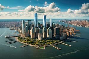 Antenne Aussicht von Neu York Stadt Horizont mit Wolkenkratzer. Antenne Aussicht von niedriger Manhattan Neu York Stadt, ai generiert foto