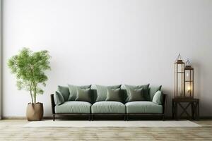 zeitgenössisch Innere Design zum 3 Poster Frames im Leben Zimmer spotten oben mit Grün Couch, hölzern Topf und Fußboden Lampe. generativ ai. foto