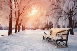 Park Bank und Bäume bedeckt durch schwer Schnee. viele von Schnee. Sonnenuntergang. generativ ai. foto