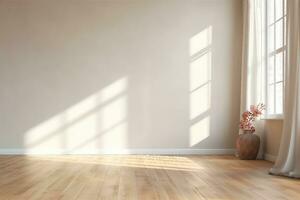 Weiß leeren Zimmer mit hölzern Fußboden und Sonne Licht Besetzung Schatten auf das Mauer. generativ ai. foto