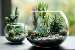 Innere Design, Mini saftig Garten im Glas Terrarium auf Fensterbrett. generativ ai. foto