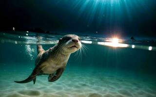 spielerisch Otter Tauchen und planschen im das kristallklar See ai generiert foto