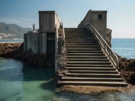 Beton Treppe in der Nähe von Meer Wasser hintergrund.ai generativ foto
