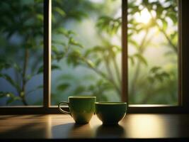 frisch Grün Tee gehalten im Fenster Natur im Hintergrund. generativ ai foto