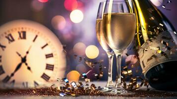 ai generativ Neu Jahre Vorabend Champagner mit Bokeh Licht und Uhr foto