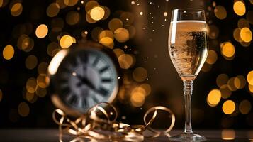 ai generativ Neu Jahre Vorabend Champagner mit Bokeh Licht und Uhr foto