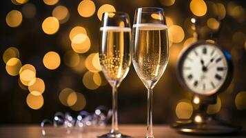 ai generativ Neu Jahre Vorabend Champagner mit Bokeh Licht und Uhr foto