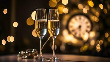 ai generativ Neu Jahre Vorabend Champagner mit Bokeh Licht und Uhr foto