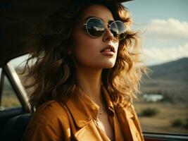 schön Frauen tragen Sonnenbrille im Wagen. ai generativ foto