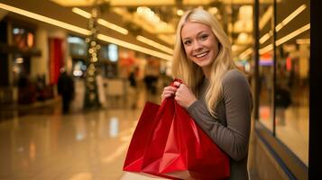 ai generativ Menschen von anders Ethnizität, Alter und Geschlecht halten Weihnachten Einkaufen Geschenk Taschen im Einkaufszentrum alle Über das Welt foto