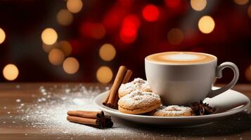Weihnachten Tasse von Kaffee und Kekse auf ein hölzern Hintergrund mit Weihnachten Baum und Bokeh ai generiert foto