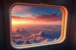 Flugzeug Fenster Aussicht von Wolken und Himmel beim Sonnenuntergang. Reise Konzept ai generiert foto