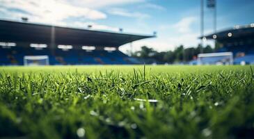 Fußball oder Fußball Feld mit Grün Gras und verschwommen Hintergrund von Stadion ai generiert foto