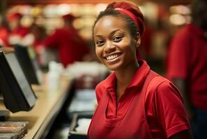 Porträt von ein jung afrikanisch amerikanisch Kassierer lächelnd beim das Kamera im ein Kaffee Geschäft ai generiert foto