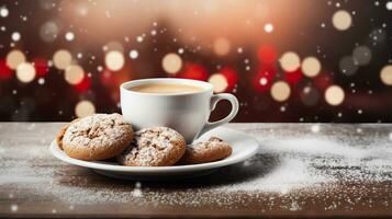 Weihnachten Tasse von Kaffee und Kekse auf ein hölzern Hintergrund mit Weihnachten Baum und Bokeh ai generiert foto