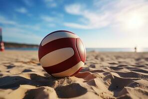 Fußball Ball auf das Sand Strand mit Blau Himmel und Meer Hintergrund ai generiert foto