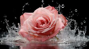 Rosa Rose mit Wasser Spritzen und Tropfen auf ein dunkel Hintergrund. Nahansicht. ai generativ. foto