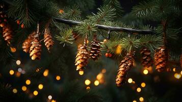 Ast Tanne Baum mit Zapfen und Girlande, Weihnachten Hintergrund. ai generativ. foto