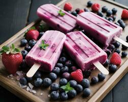 hausgemacht Eis am Stiel mit frisch Beeren und Eis Sahne auf hölzern Hintergrund foto