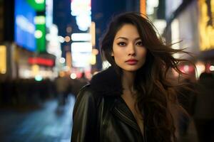 schön asiatisch Mädchen tragen beiläufig Kleidung im Bürgersteig ai generativ foto