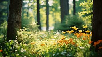 verschiedene Arten von Blumen wachsen im das Tiefe von das natürlich Wald ai generativ foto