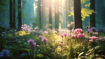 verschiedene Arten von Blumen wachsen im das Tiefe von das natürlich Wald ai generativ foto