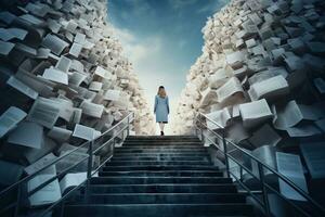 jung Geschäft Frau auf das Weg oben das Treppe mit ein enorm Stapel von Papier Dokumente.ai generiert foto