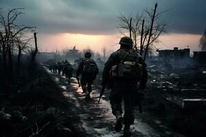 Soldaten gehen durch das Ruinen von ein Stadt verursacht durch Krieg ai generativ foto