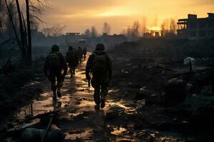 Soldaten gehen durch das Ruinen von ein Stadt verursacht durch Krieg ai generativ foto