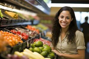 Frau im Supermarkt Kauf Lebensmittel Essen, ai generiert foto