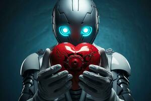 Cyborg mit rot Herz auf Blau hintergrund.ai generiert foto