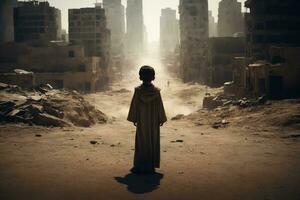verzweifelt Blick, Kind umgeben durch verlassen Mitte östlichen Städte, ai generiert foto