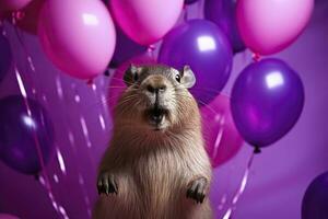 süß Capybara mit bunt Luftballons auf lila hintergrund.ai generiert foto