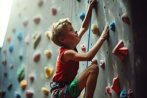 süß wenig Junge Klettern auf ein Klettern Mauer. aktiv Kinder sport.ai generiert foto