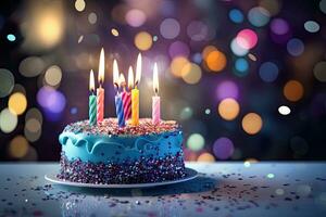 Geburtstag Kuchen mit Verbrennung Kerzen auf Bokeh Hintergrund, Geburtstag Kuchen mit Kerzen auf Bokeh Hintergrund, schließen hoch, ai generiert foto