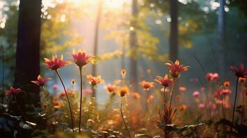 verschiedene Arten von Blumen wachsen im das Tiefe von das natürlich Wald ai generativ foto