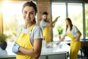 jung Frau Arbeiten im Reinigung service.ai generiert foto