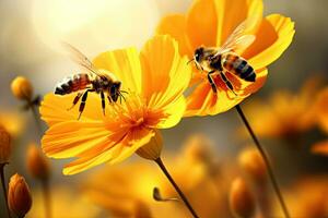 Honigbiene und Kosmos Blume im das Garten. selektiv Fokus. Bienen fliegend Über ein schön Gelb Blume, ai generiert foto