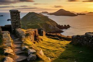 Sonnenuntergang auf das Insel von Skye im Schottland, vereinigt Königreich, valentia Insel im das Ring von Kerry im das Süd Westen Küste von Irland während ein Herbst Sonnenuntergang, ai generiert foto