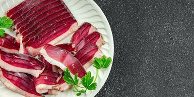 Ente Fleisch getrocknet Brust Magret geräuchert ruckartig geheilt getrocknet frisch Essen Vorspeise Mahlzeit Essen Snack foto