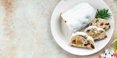 Weihnachten Stollen Dessert Urlaub Backen Süss behandeln Weihnachten Feier Mahlzeit Essen Snack foto