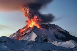 vulkanisch Eruption mit Asche und Rauch im Kamtschatka, Russland, ein klein vulkanisch Eruption im mt fagradalsfjall, Südwesten Island, ai generiert foto