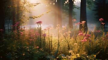 verschiedene Arten von Blumen wachsen im das Tiefe von das natürlich Wald ai generativ foto