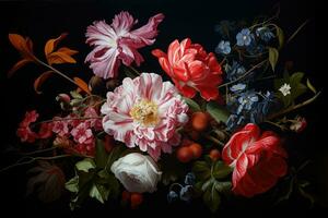 Blumen- Strauß auf ein schwarz Hintergrund, Nahansicht von Foto, ein Gemälde von ein Strauß von Blumen, erstellt im das Stil von Realismus, ai generiert foto