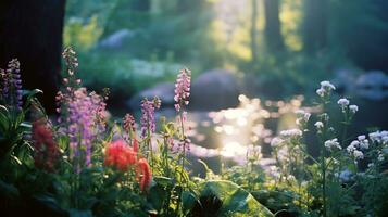 verschiedene Arten von Blumen wachsen im das Tiefe von das natürlich Wald ai generativ foto