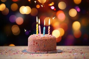 Geburtstag Kuchen mit Verbrennung Kerzen auf Bokeh Hintergrund, Geburtstag Kuchen mit Kerzen auf Bokeh Hintergrund, schließen hoch, ai generiert foto