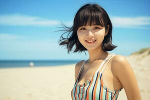 schön jung asiatisch Mädchen tragen Sommer- Kleid im sonnig Tag ai generativ foto