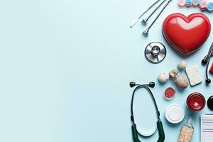 medizinisch Stethoskop, Tabletten und rot Herz auf Blau Hintergrund, viele anders medizinisch Objekte auf Licht Hintergrund oben Sicht, ai generiert foto
